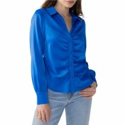Wholesale ⌛ Sanctuary Time To Shine Point Collar Long Sleeve Button Front Ruched Woven Top Galactic ✨