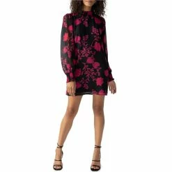 Cheap 🔥 Sanctuary Georgette Floral Print Mock Neck Long Blouson Sleeve Mini 👗 Dress Rouge Ivy ✨