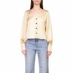 Wholesale ๐งจ Sanctuary Satin V-Neck Long Sleeve Button Front Blouse Oat Milk ๐