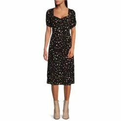 Best Pirce 👏 Sanctuary Clothing Sweetheart Short Sleeve Tie Back Midi 👗 Dress Dark Oak Floral ⭐