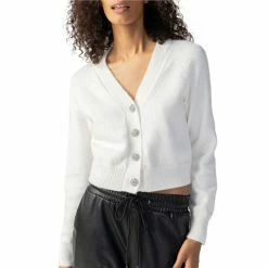 Hot Sale ✔️ Sanctuary V-Neck Long Sleeve Jeweled Front Button Crop Baby Cardigan Creme 💯