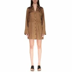 Flash Sale ๐งจ Sanctuary Modern Checked Print Point Collar Long Sleeve Button Front ๐ Shirt ๐ Dress Spice Geo โค๏ธ