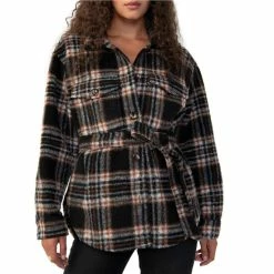 Outlet ⭐ Sanctuary Shay Plaid Print Brushed Knit Long Sleeve Button Tie Waist Flap Pocket Shacket Essex Plaid 🥰