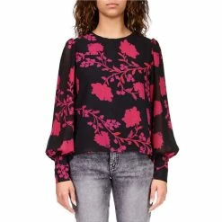 Buy 🎁 Sanctuary Georgette Woven Floral Print Crew Neck Long Blouson Sleeve Popover Blouse Rouge Ivy ✨