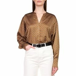 Deals ๐ Sanctuary Relaxed Modern Print Satin Split V-Neck Long Sleeve Blouse Spice Geo โญ