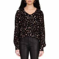 Discount 😉 Sanctuary Long Sleeve Woven Button Blouse With Tie On Collar Dark Oak Floral ✨