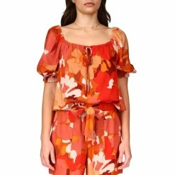 Flash Sale โญ Sanctuary Remember Me Floral Print Drawstring Square Neck Short Puff Sleeve Top Sundrenched ๐