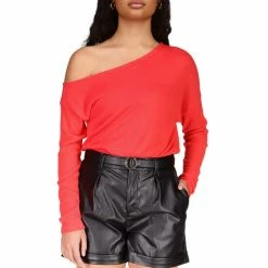 Buy ๐ Sanctuary Love Sign Asymmetrical Neck Long Sleeve Knit Top Sunset Red โค๏ธ