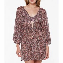 Promo 👍 Sanctuary Micro Garden Dot Crinkle Chiffon Floral Print Swim Cover Up Retrograde 💯