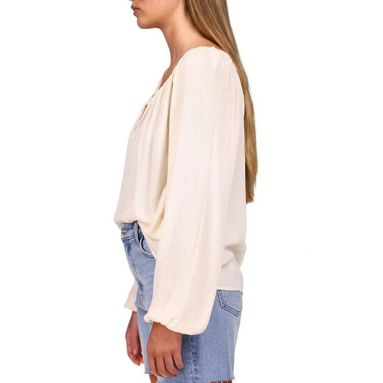 Cheap ๐ Sanctuary Crinkle Crepe Tie Elastic Scoop Neck Long Lantern Sleeve Relaxed Blouse Peachy Keen โจ - Image 3