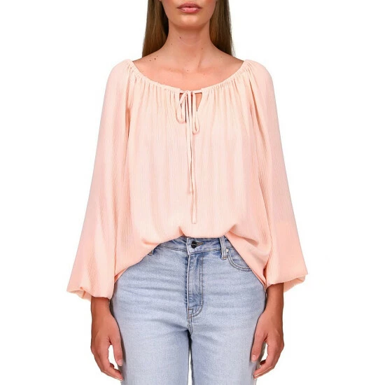 Cheap ๐ Sanctuary Crinkle Crepe Tie Elastic Scoop Neck Long Lantern Sleeve Relaxed Blouse Peachy Keen โจ - Image 4