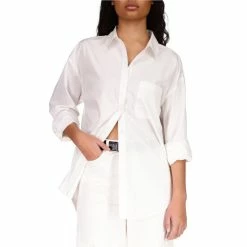 Coupon ๐ Sanctuary Slit Back Point Collar Long Sleeve Button Front Patch Pocket Tunic White ๐