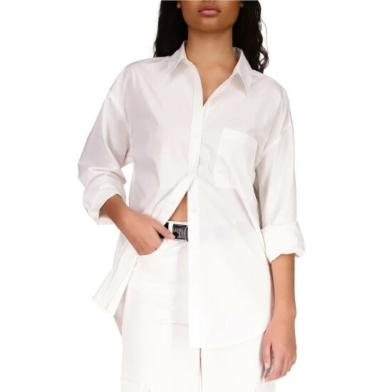 Coupon 👏 Sanctuary Slit Back Point Collar Long Sleeve Button Front Patch Pocket Tunic White 😉