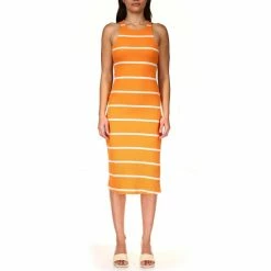 Best deal ⭐ Sanctuary Stripes For Days Printed Rib Knit Jewel Neck Sleeveless Fitted Side Slit Hem Midi Tank 👗 Dress Black Multi ⌛