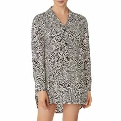 Best Sale 🥰 Sanctuary Long Sleeve Notch Collar Animal Print High-Low Button Front Boyfriend Nightshirt White/animal 😉