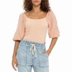 Discount 🎁 Sanctuary Square Neck Short Puff Sleeve Mixed Media Top White 😉