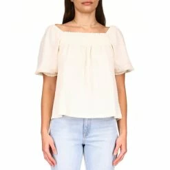 Outlet ๐ Sanctuary Darling Textured Gauze Knit Square Neck Smocking Detail Short Puff Sleeve Top Butter Cream โค๏ธ