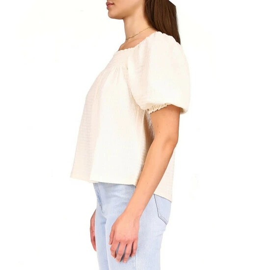 Outlet ๐ Sanctuary Darling Textured Gauze Knit Square Neck Smocking Detail Short Puff Sleeve Top Butter Cream โค๏ธ - Image 3