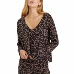 Best Sale โค๏ธ Sanctuary Essential V-Neck Long Drop Shoulder Sleeve Animal Print Coordinating Cropped Statement Sweater Classy Mink ๐ฅฐ