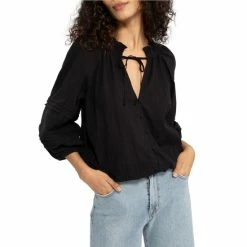 Discount ❤️ Sanctuary Don't Forget Tie Split V-Neck 3/4 Puff Sleeve Button Front Cotton Blouse Trail Green 🔔