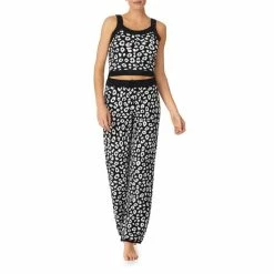 Budget ⌛ Sanctuary Textured Spots Print Crop Cami & Long Pant Knit Coordinating Pajama Set Black Print 😀