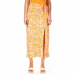 Cheapest ⌛ Sanctuary Beach To The City Floral Print Crepe Side Tie Waist Slit Hem Midi 👗 Skirt Tangerine 🤩