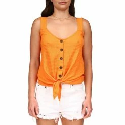 Best Pirce 🧨 Sanctuary Golden Hour Waffle Knit V-Neck Sleeveless Button Tie Front Top Tangerine 🔥