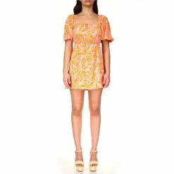 Cheapest 😍 Sanctuary Daisy Floral Print Square Neck Short Puff Sleeve Open Tie Back Detail A-Line Mini 👗 Dress Tangerine 🤩