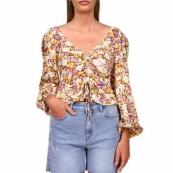 Outlet ๐ Sanctuary Drawn To You Floral Print V-Neck Long Elastic Hem Sleeve Ruched Drawstring Front Woven Blouse Sunny Field ๐