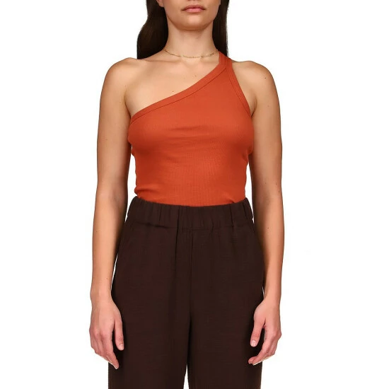 Coupon 🤩 Sanctuary Hot Shot Stretch Organic Cotton Sleeveless Rib Knit Asymmetrical One Shoulder Tank Tangerine 🎁