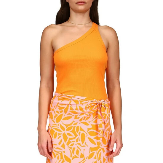 Coupon 🤩 Sanctuary Hot Shot Stretch Organic Cotton Sleeveless Rib Knit Asymmetrical One Shoulder Tank Tangerine 🎁 - Image 4