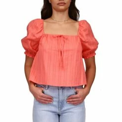 Best Pirce ❤️ Sanctuary Remember Me Tone Stripe Print Cotton Woven Drawstring Square Neck Short Puff Sleeve Top Shell Pink 🤩