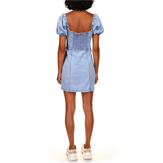 New π₯ Sanctuary After Me Square Neck Short Puff Sleeve Smocked Back Denim Mini π Dress Open Skies π€© - Image 2