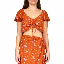 Outlet ๐ Sanctuary Drawing Closer Floral Print Textured Woven Drawstring Front V-Neck Short Puff Sleeve Cropped Coordinating Top Earth Bloom โ๏ธ