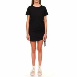 Cheap ✔️ Sanctuary Slub Knit Crew Neck Short Sleeve Drawstring Side Ruching Mini T-Shirt 👗 Dress Black ✔️