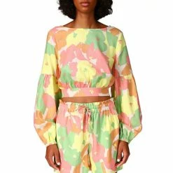 Top 10 ๐ฅฐ Sanctuary Look Back Boat Neck Long Volume Pleated Sleeve Floral Tie Back Detail Coordinating Top Flower Burst โ๏ธ