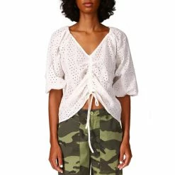 Cheapest โ Sanctuary Eyelet V-Neck Short Elbow Puff Sleeve Ruched Drawstring Blouse White โค๏ธ