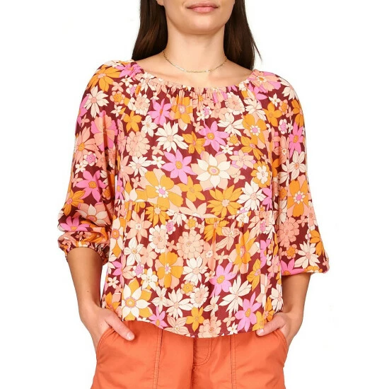 Buy 🎁 Sanctuary Seashore Floral Print Gauze Elastic Round Neck 3/4 Blouson Sleeve Tier Hem Top Outdoor Floral ⌛