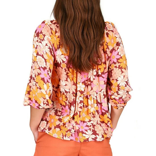 Buy 🎁 Sanctuary Seashore Floral Print Gauze Elastic Round Neck 3/4 Blouson Sleeve Tier Hem Top Outdoor Floral ⌛ - Image 2