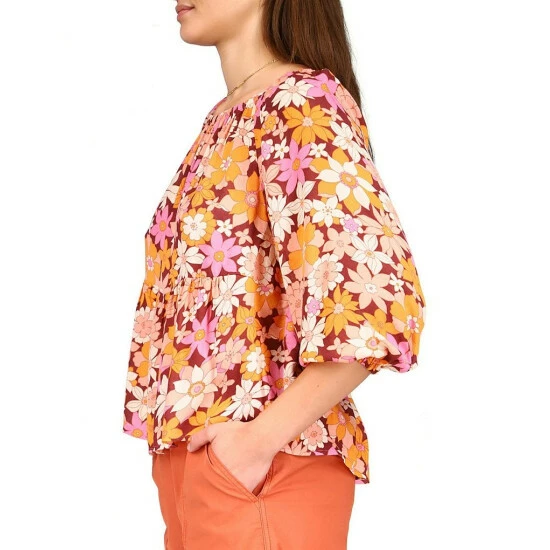 Buy 🎁 Sanctuary Seashore Floral Print Gauze Elastic Round Neck 3/4 Blouson Sleeve Tier Hem Top Outdoor Floral ⌛ - Image 3