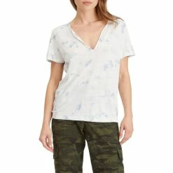 Coupon 🔔 Sanctuary Good Vibes Tie Dye Print Short Sleeve Linen Henley Tee Sky Blue Tie Dye 🥰